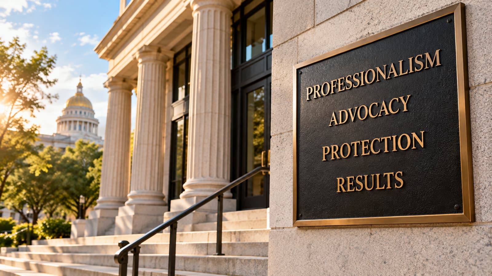 A brass plaque reading Professionalism, Advocacy, Protection, Results mounted on the stone facade of a columned courthouse