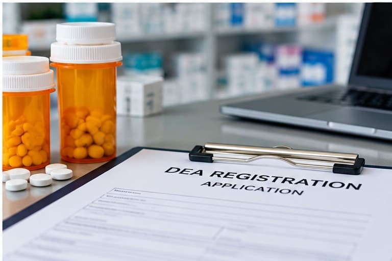 A DEA registration application form on a clipboard beside prescription pill bottles and a laptop at a pharmacy counter.