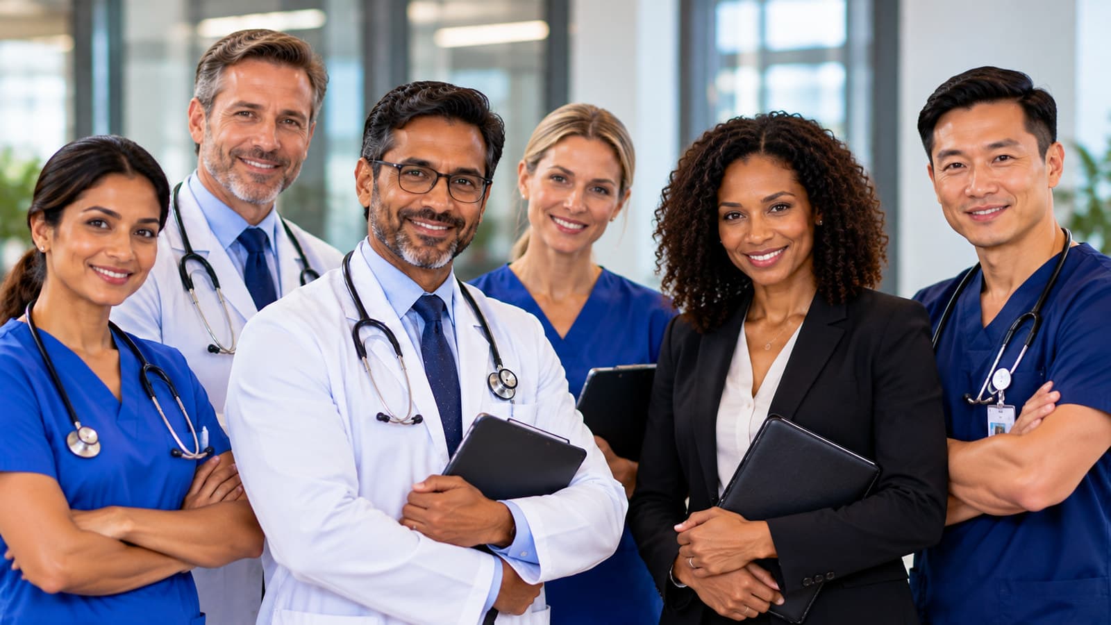 Six professionals in medical scrubs, a white coat, and business attire standing together and facing the camera in a clinic corridor.